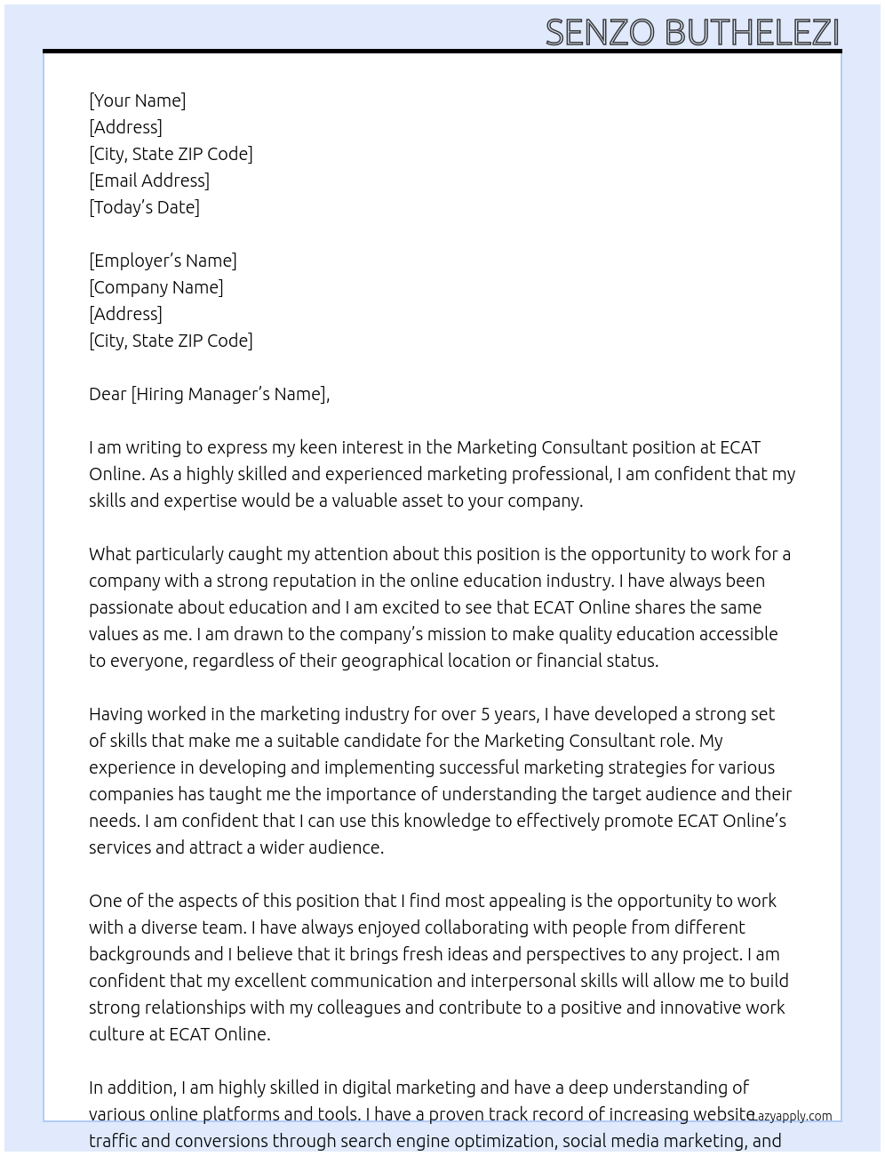 Marketing Consultant At ECAT Online Cover Letter