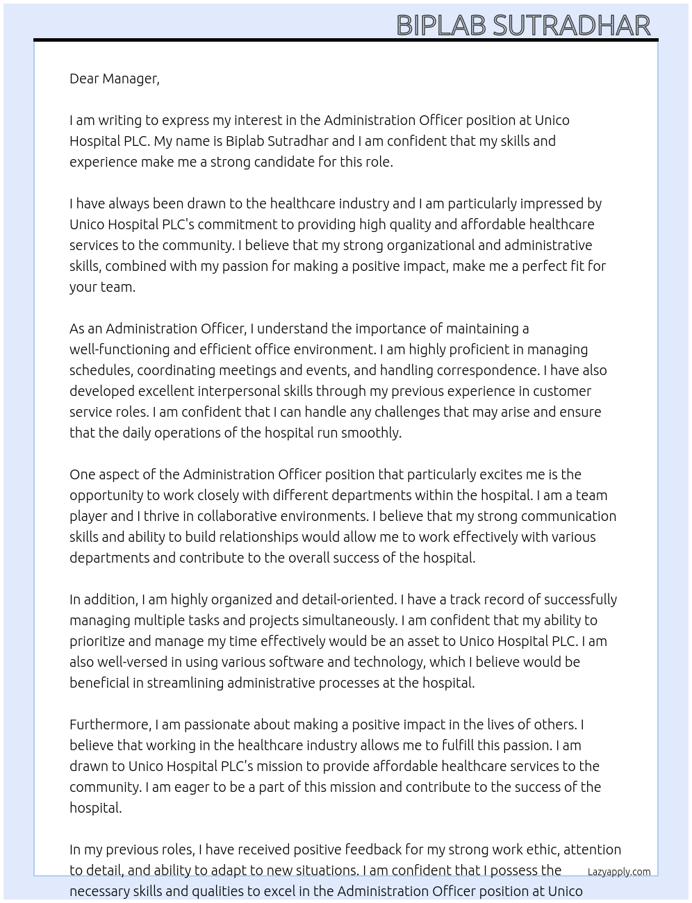 Administration officer At Unico Hospital PLC Cover Letter