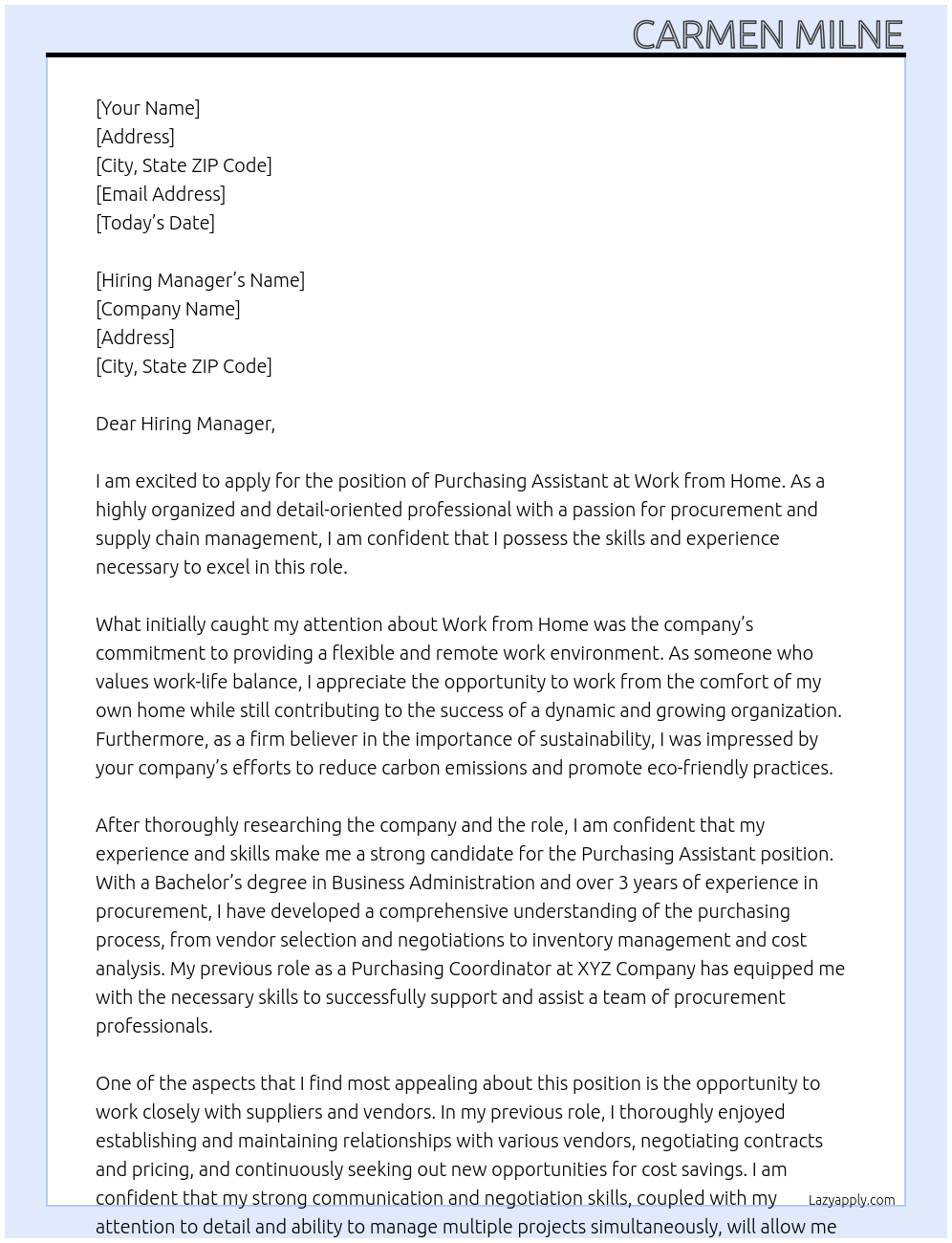 Purchasing Assistant At Work from Home Cover Letter