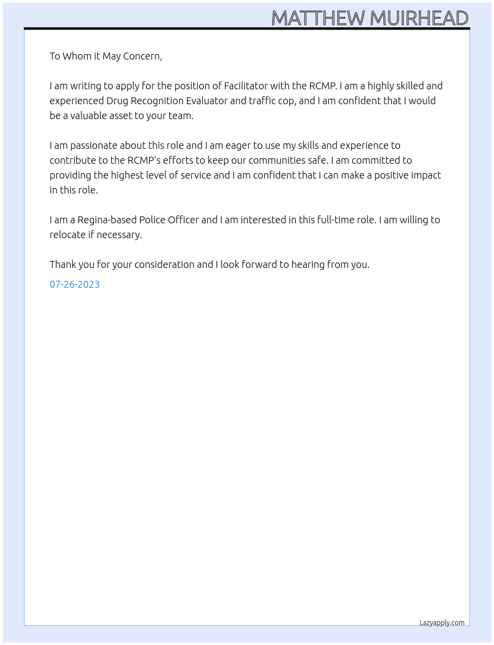 Facilitator At RCMP Cover Letter