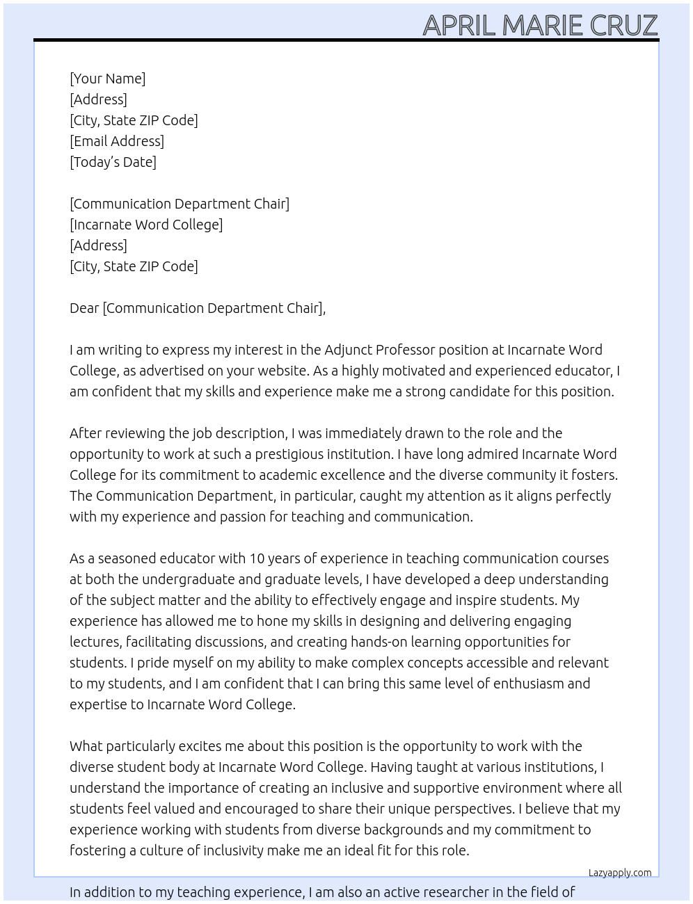 Adjunct Professor At Incarnate Word College Cover Letter