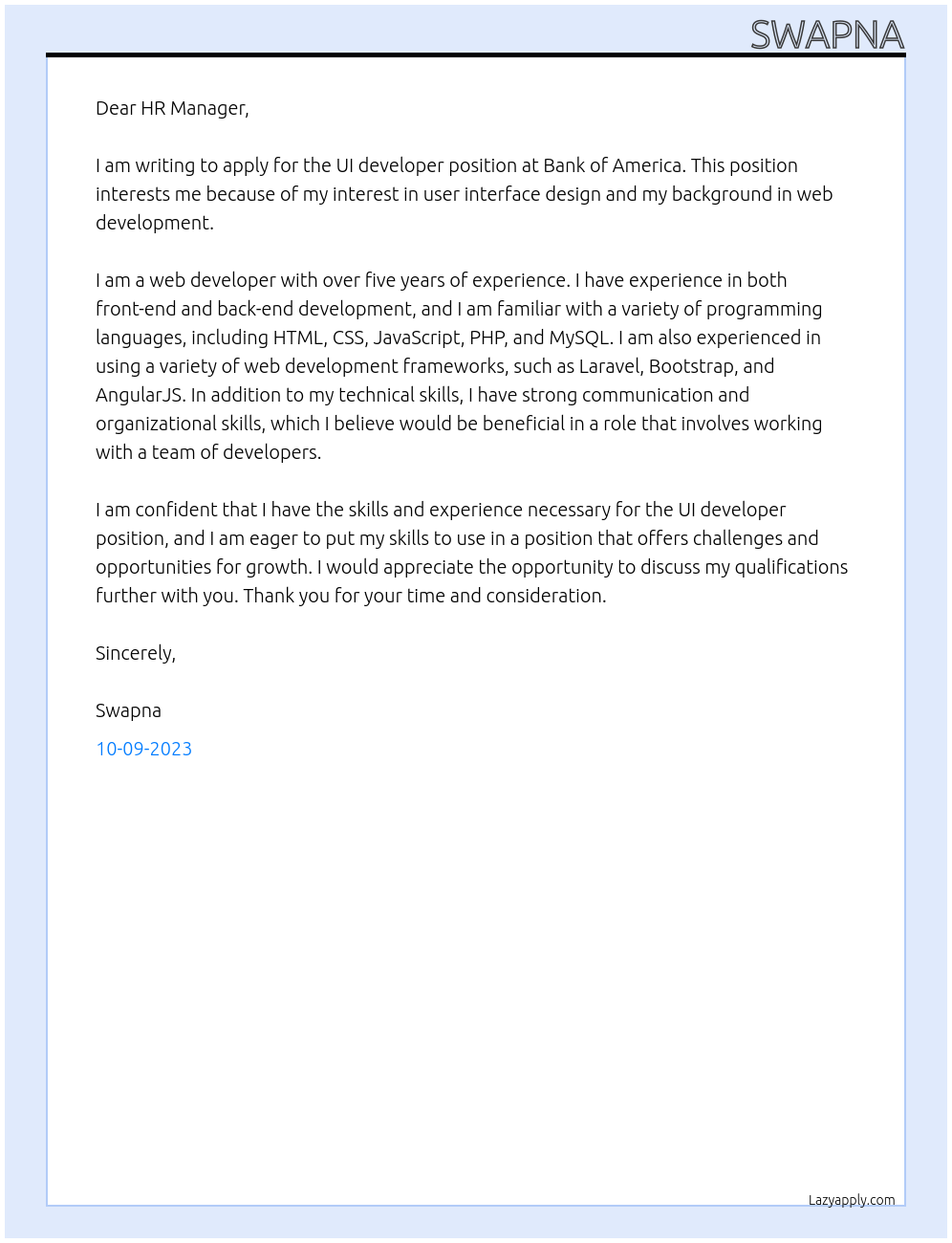 UI developer At BANK OF AMERICA Cover Letter