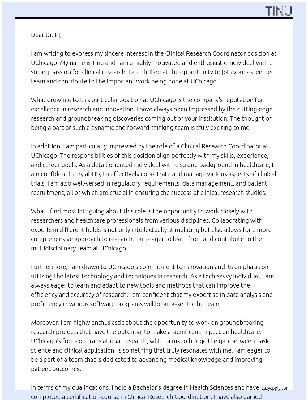 Clinical Research Coordinator At UChicago Cover Letter