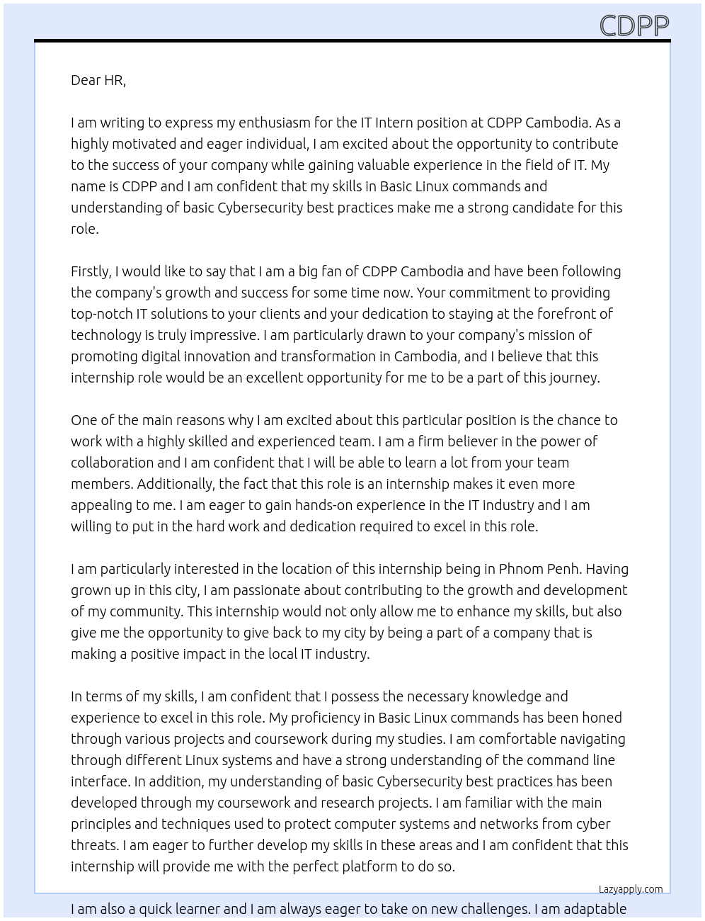 IT Intern At CDPP Cambodia Cover Letter