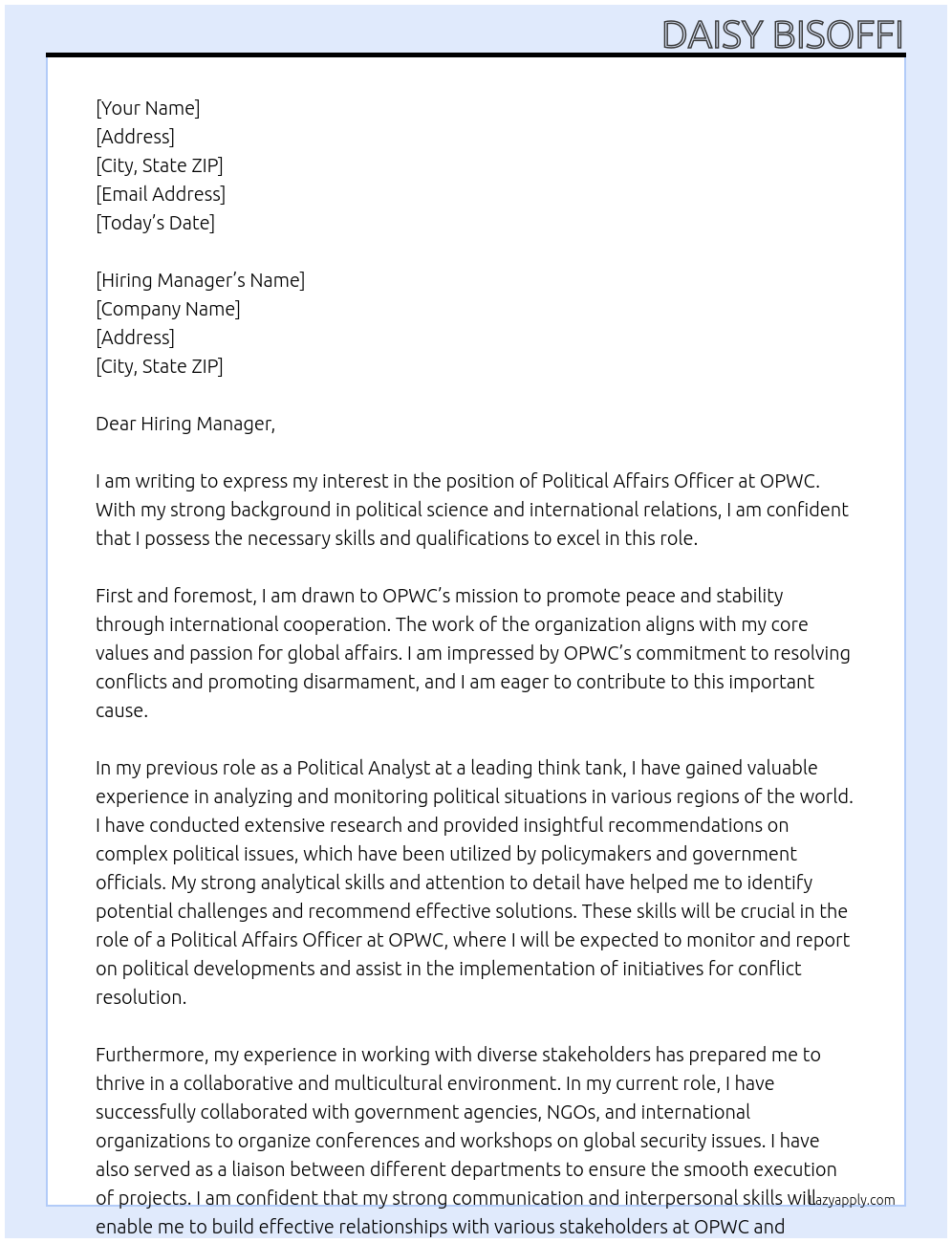 Political Affairs Officer At OPWC Cover Letter