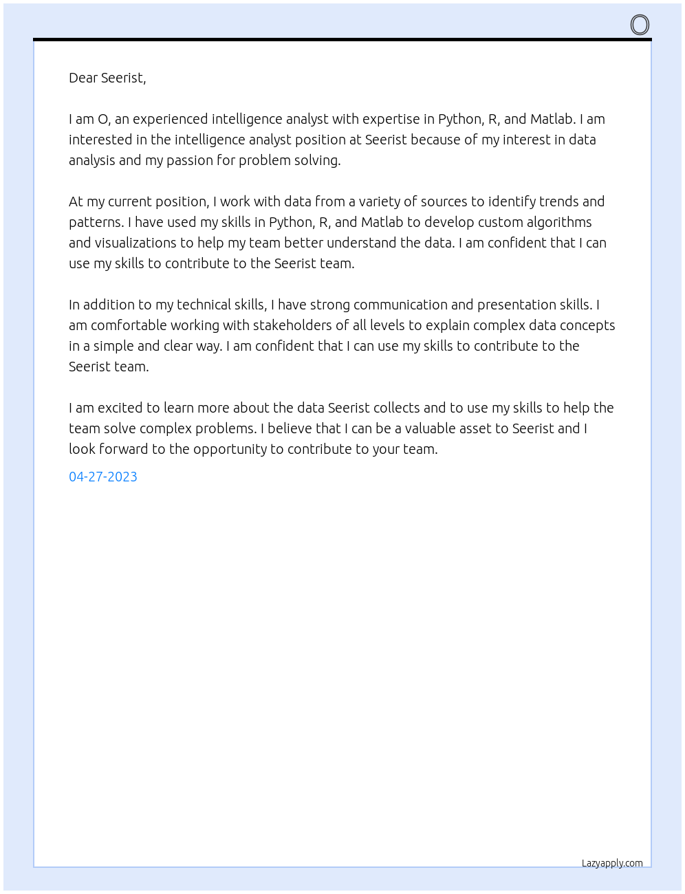 Intelligence Analyst At Seerist Cover Letter
