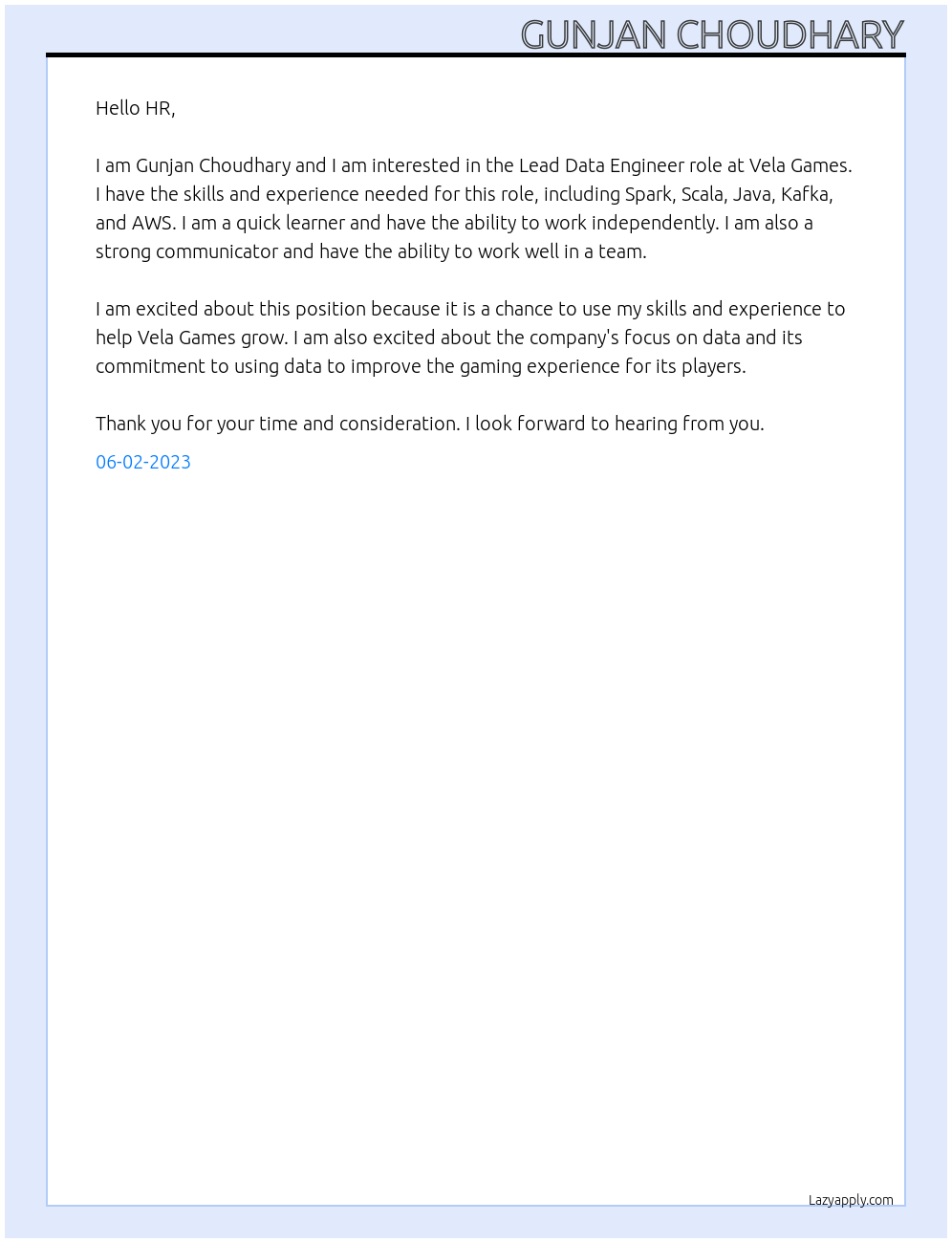 Lead data engineer  At Vela Games Cover Letter