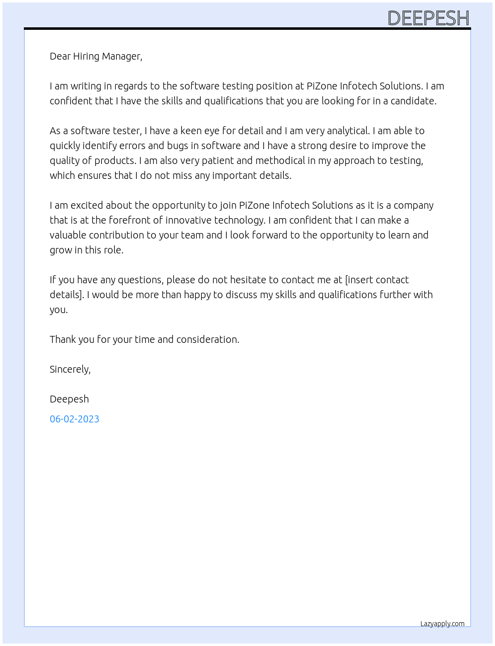 software testing At PiZone Infotech solution Cover Letter