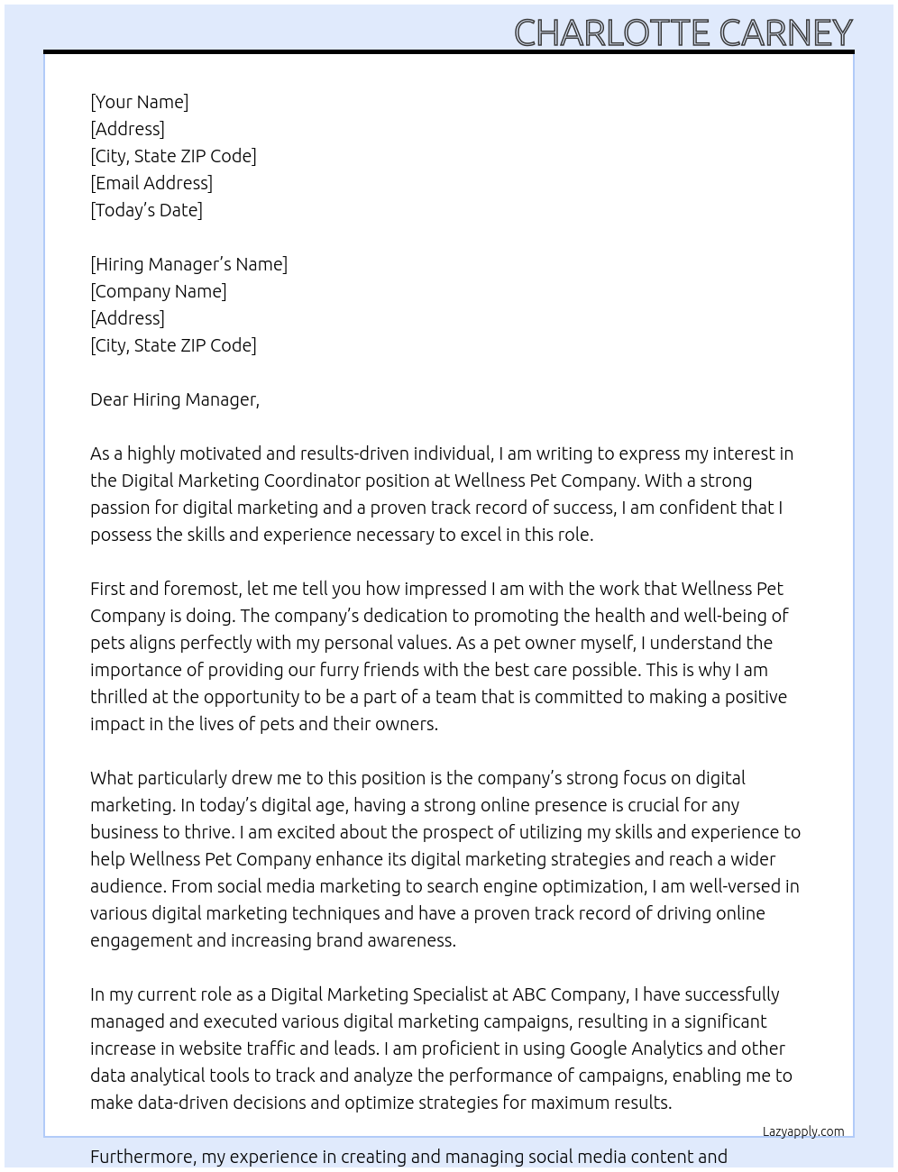 Digital Marketing Coordinator At Wellness Pet Company Cover Letter