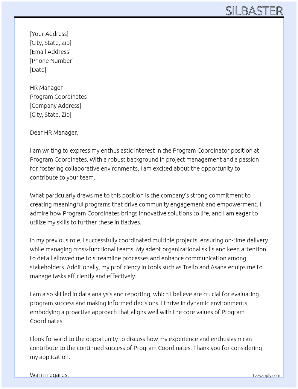 Program Coordinator  At Program Coordinates  Cover Letter