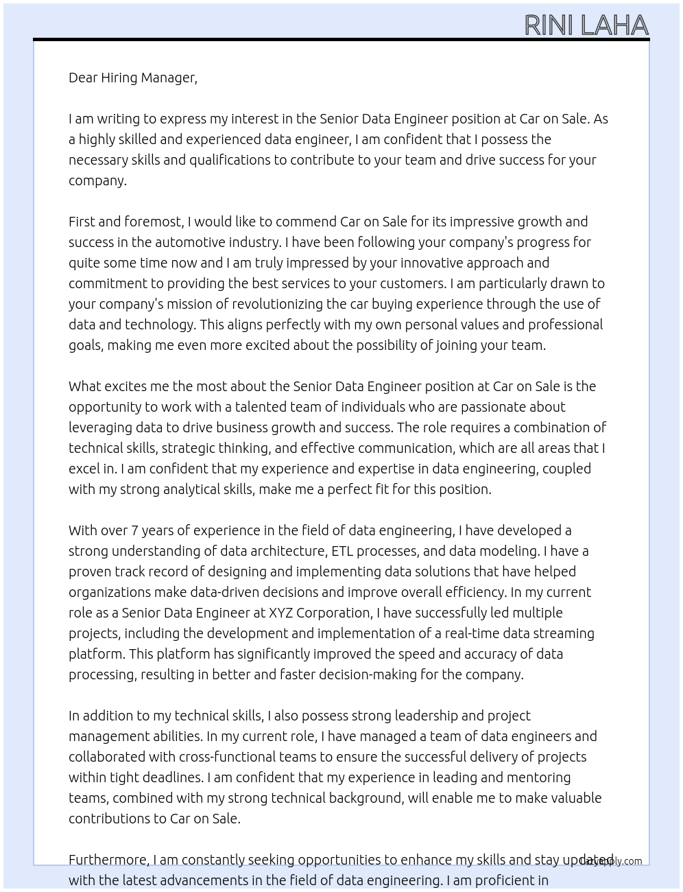 Senior Data engineer At Car on Sale Cover Letter