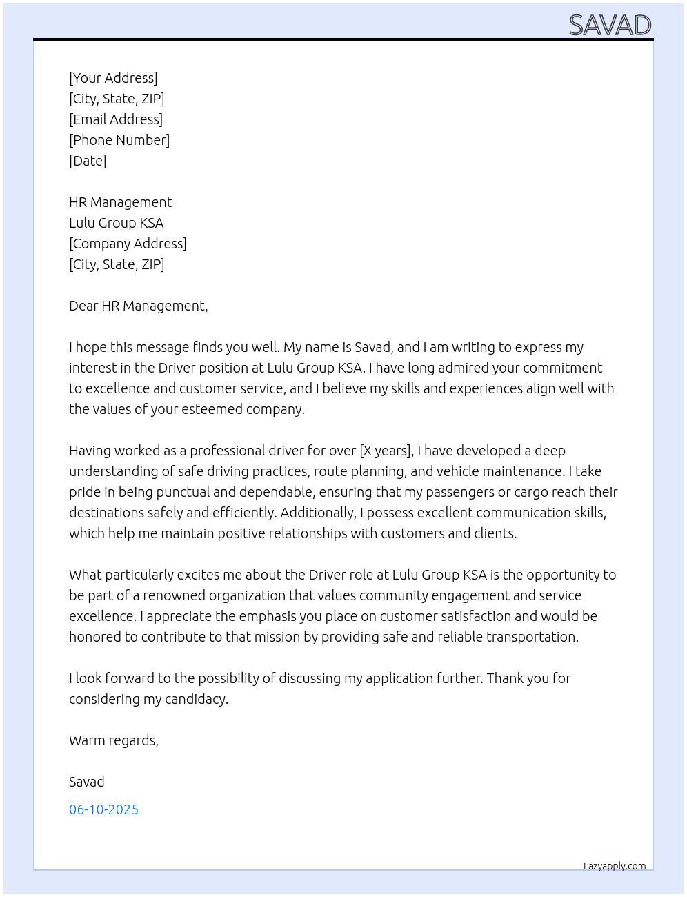 Driver  At Lulu group ksa Cover Letter