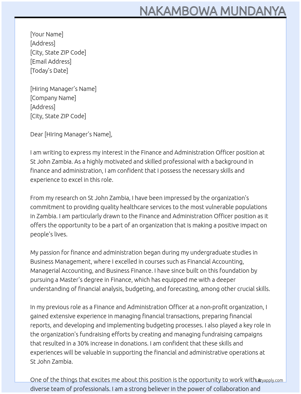 Finance and administration officer At st john zambia Cover Letter