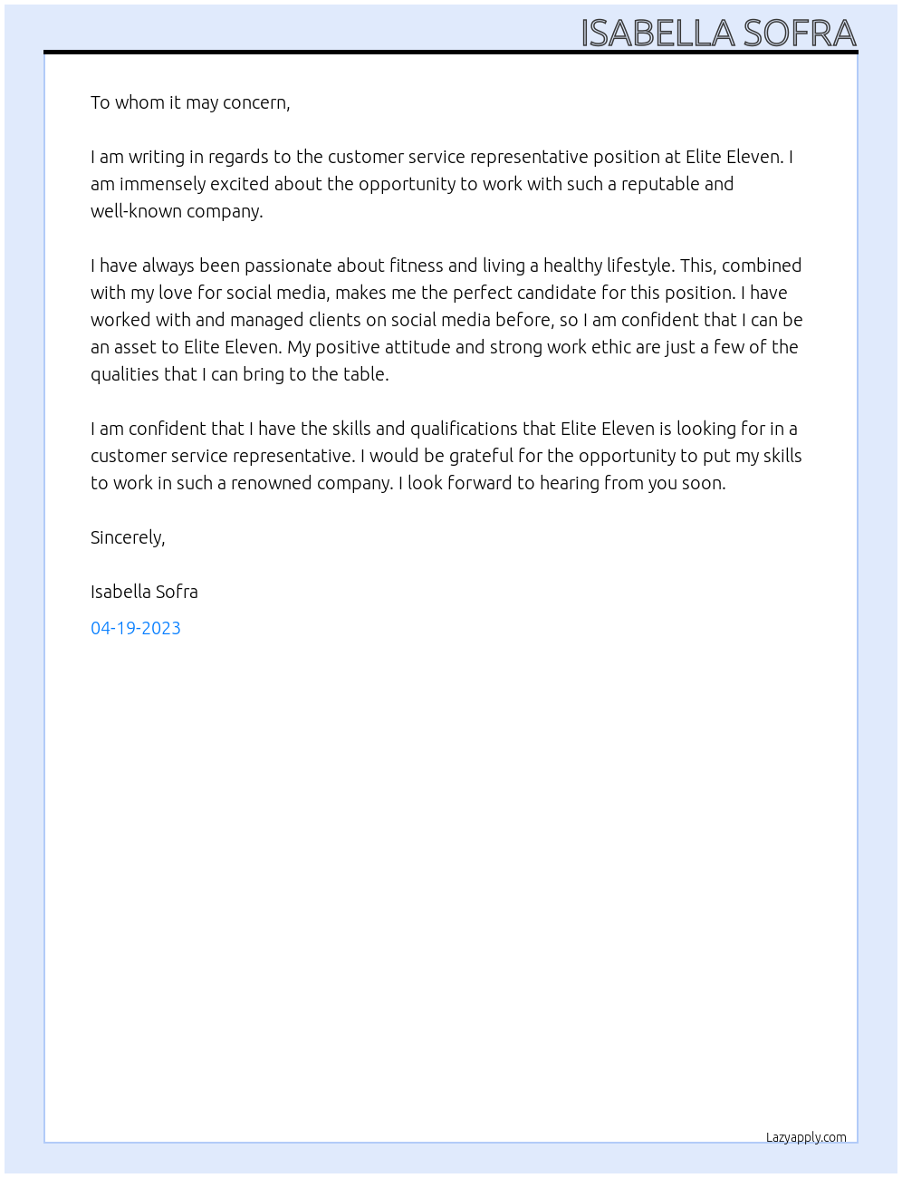 Customer Service rep At Elite Eleven Cover Letter