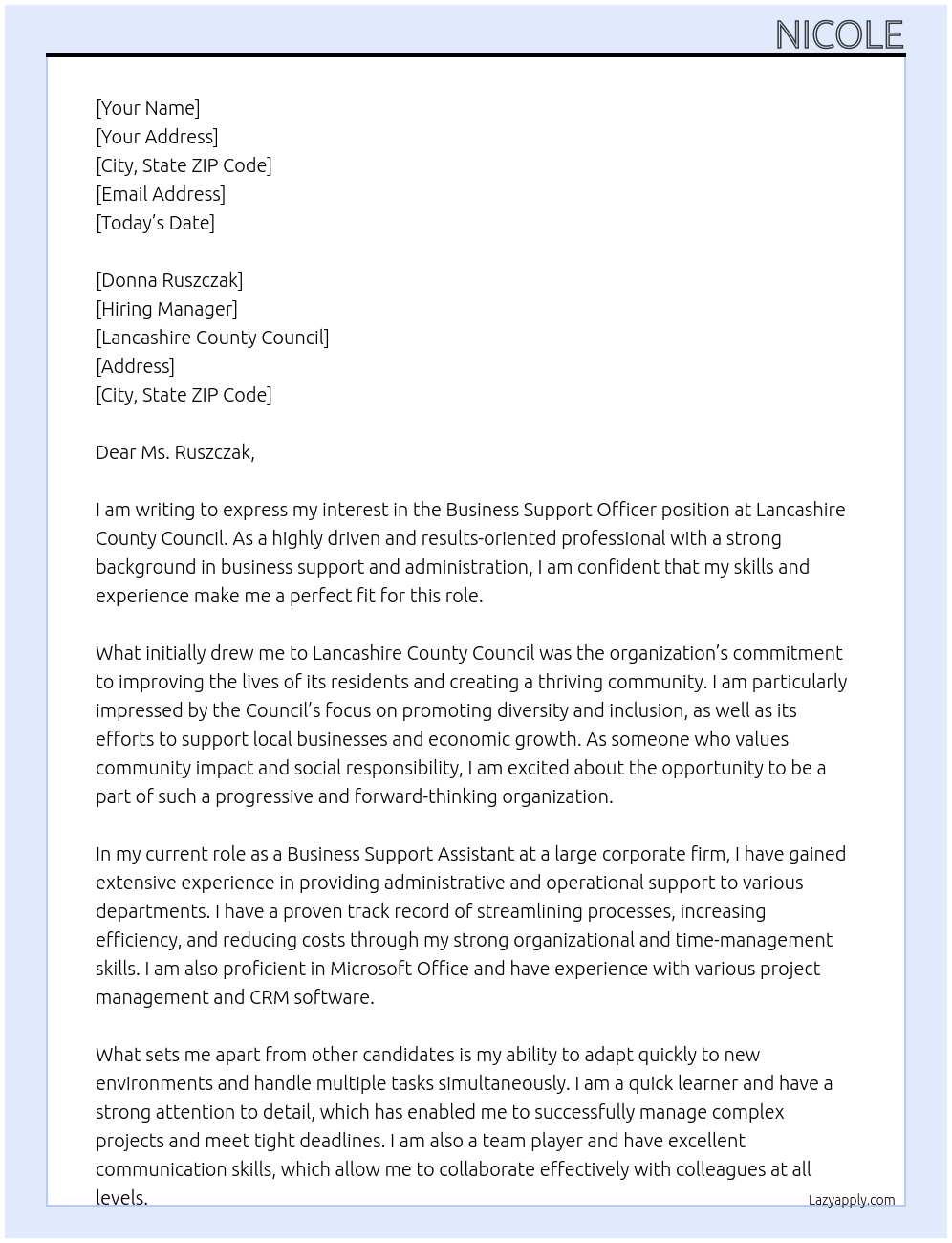 Business support officer At Lancashire county council Cover Letter