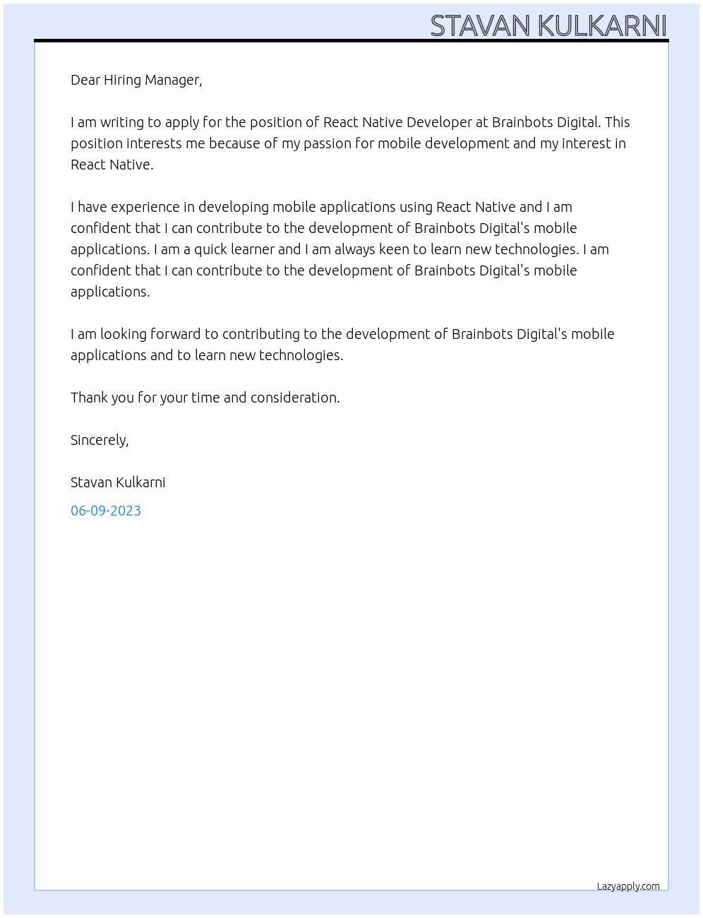 React Native Developer At Brainbots Digital Cover Letter