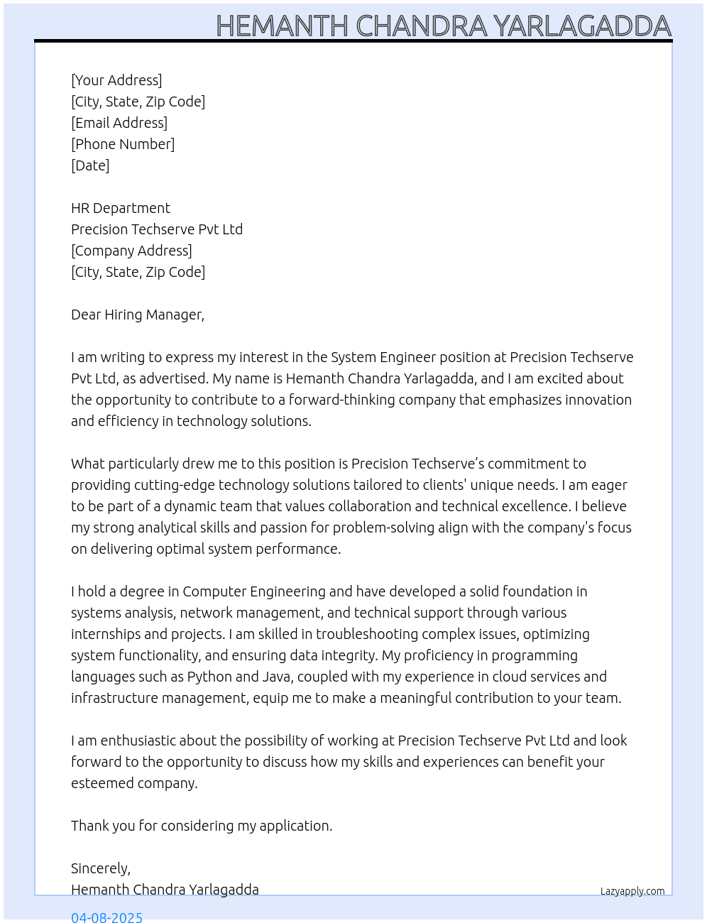 System Engineer At Precision techserve Pvt Ltd Cover Letter