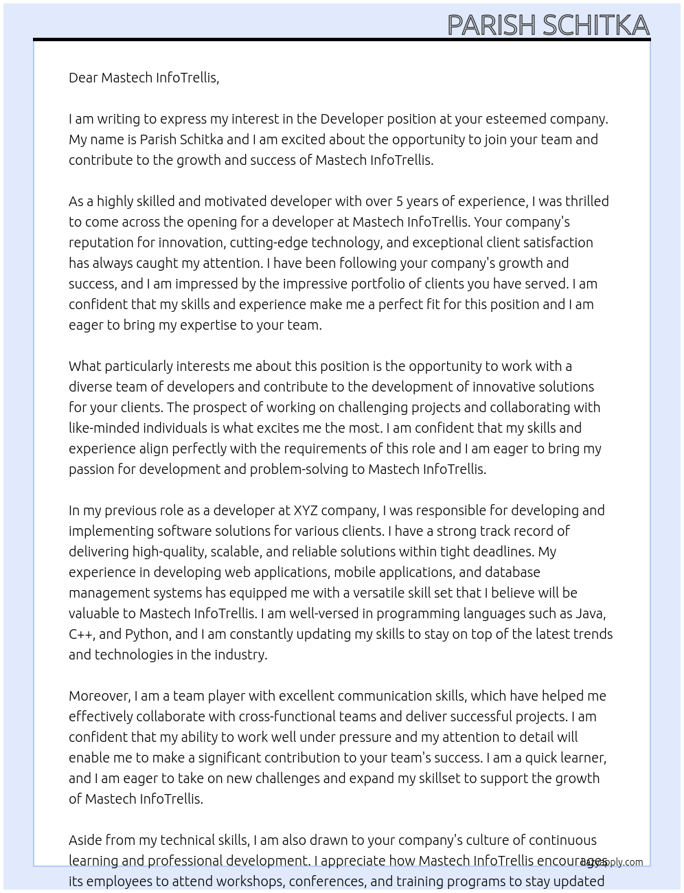 Developer At Mastech InfoTrellis Cover Letter