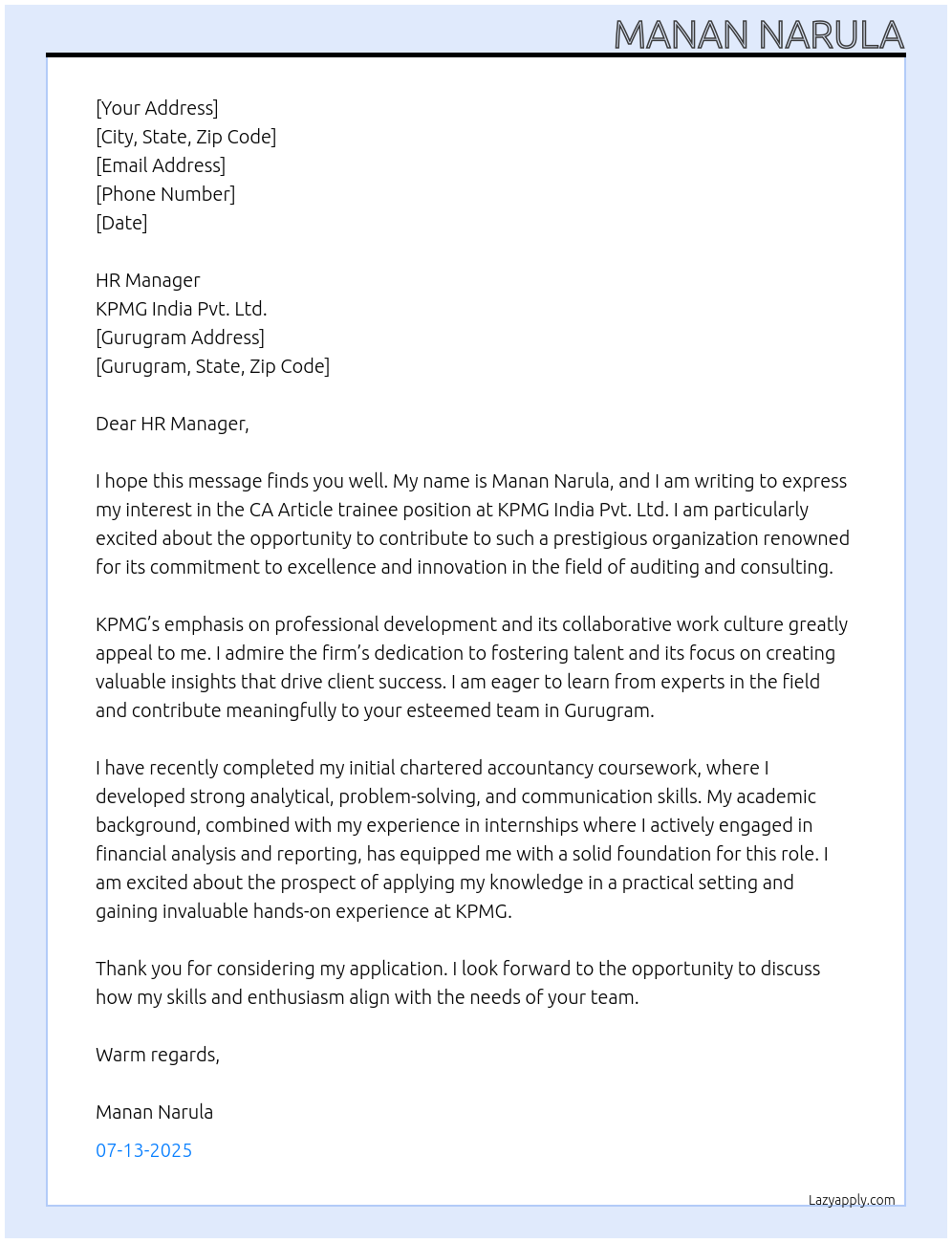 CA Article At KPMG India pvt. ltd. Cover Letter