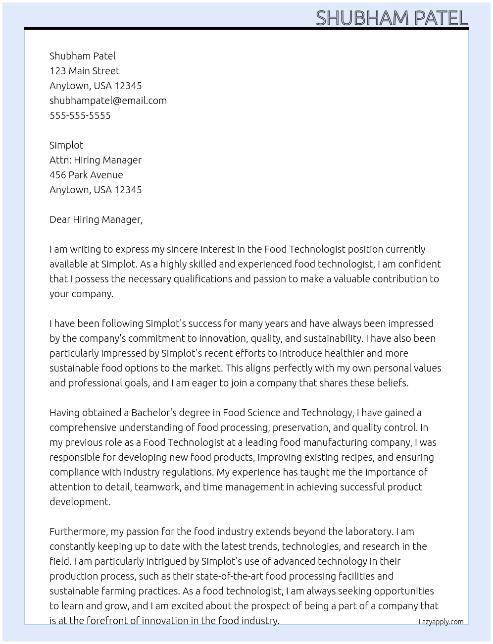 food technologist At simplot Cover Letter