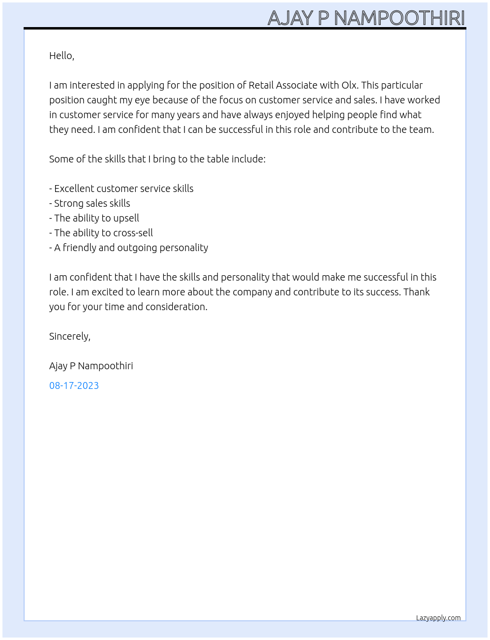 Retail Associates At Olx Cover Letter