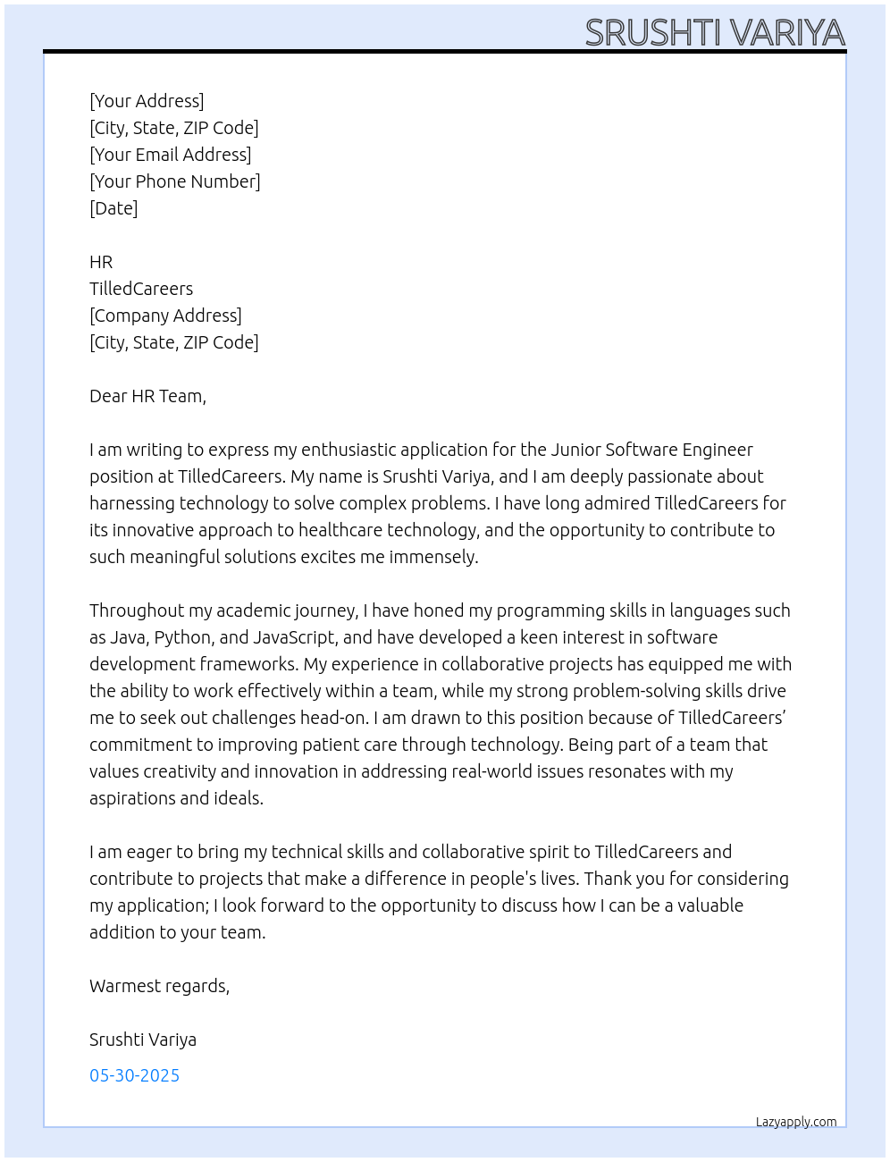 Junior Software Engineer At tilledcareers Cover Letter
