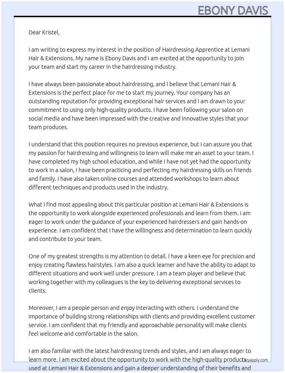 Cover letter for hairdressing apprentice - LazyApply