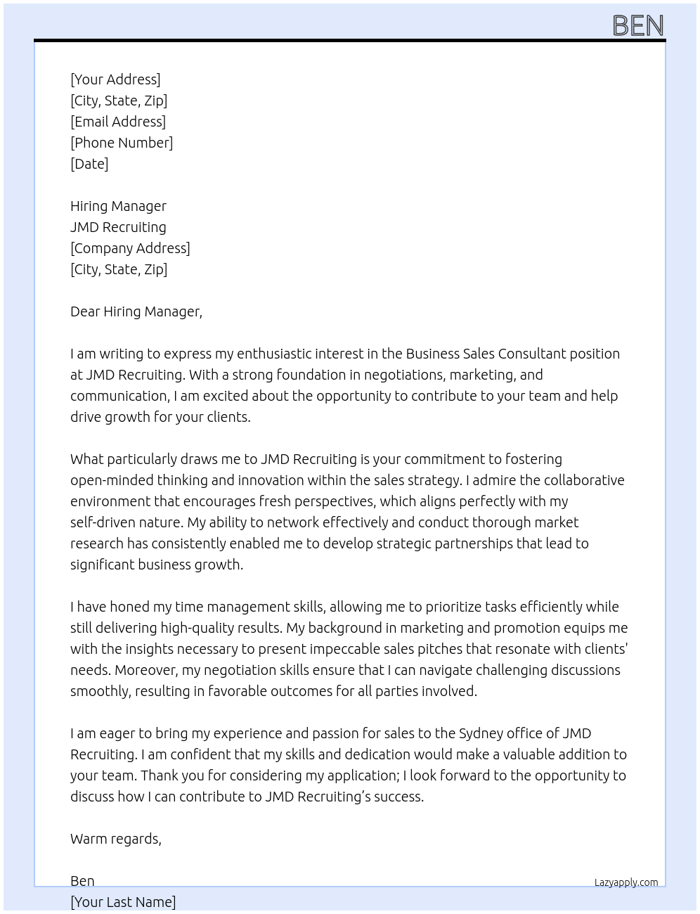 Business sales consultant At JMD recruiting Cover Letter