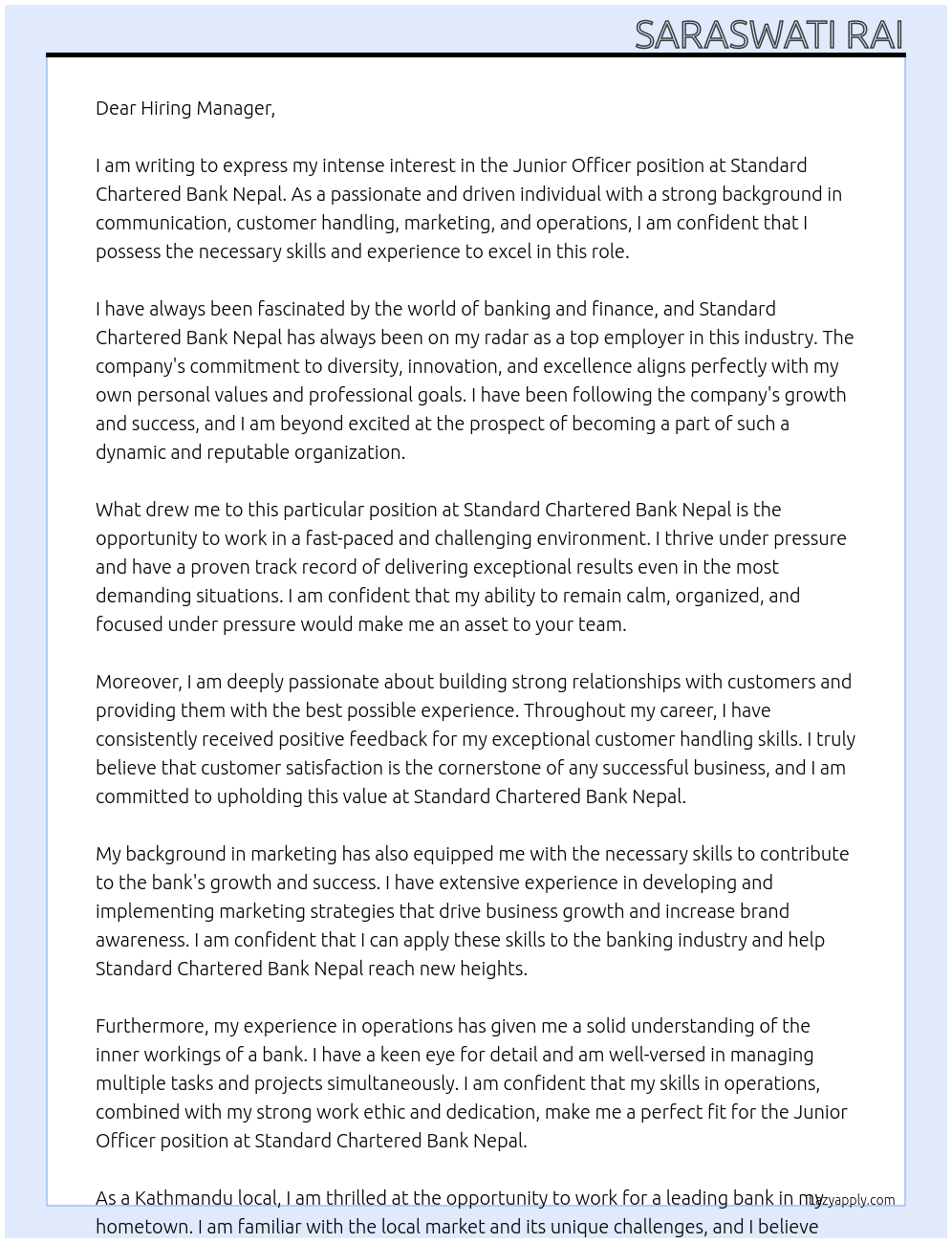 Junior Officer At Standard Chartered Bank Nepal Cover Letter