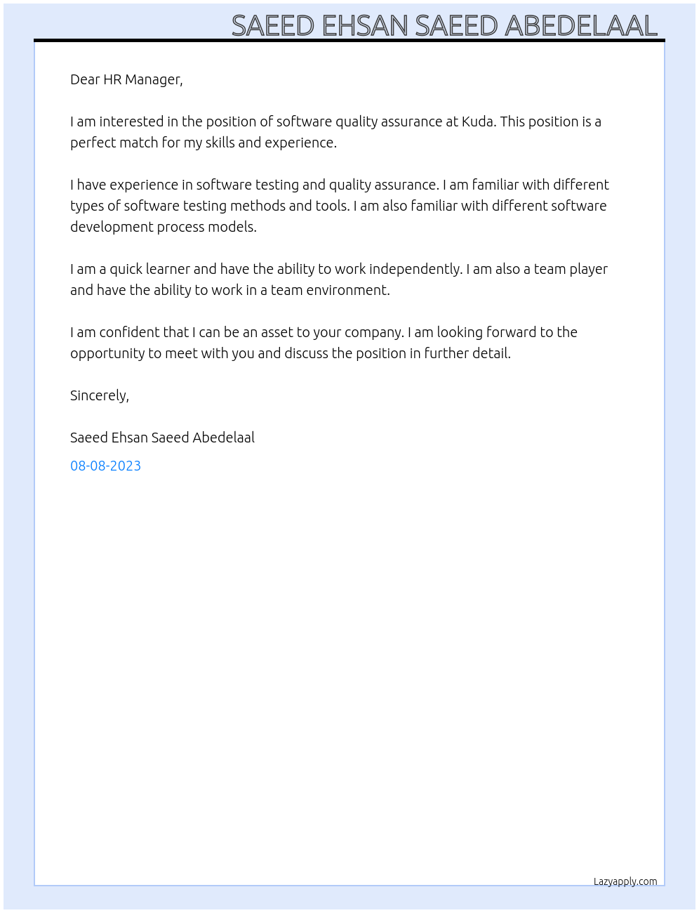 Software quality assurance  At Kuda Cover Letter