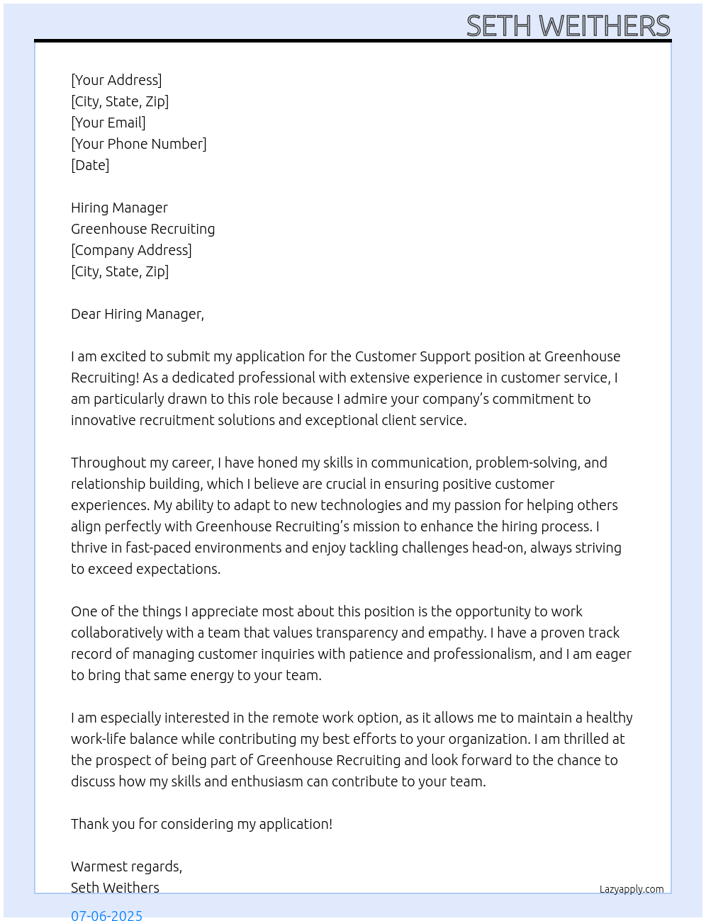 Customer Support At Greenhouse Recruiting Cover Letter