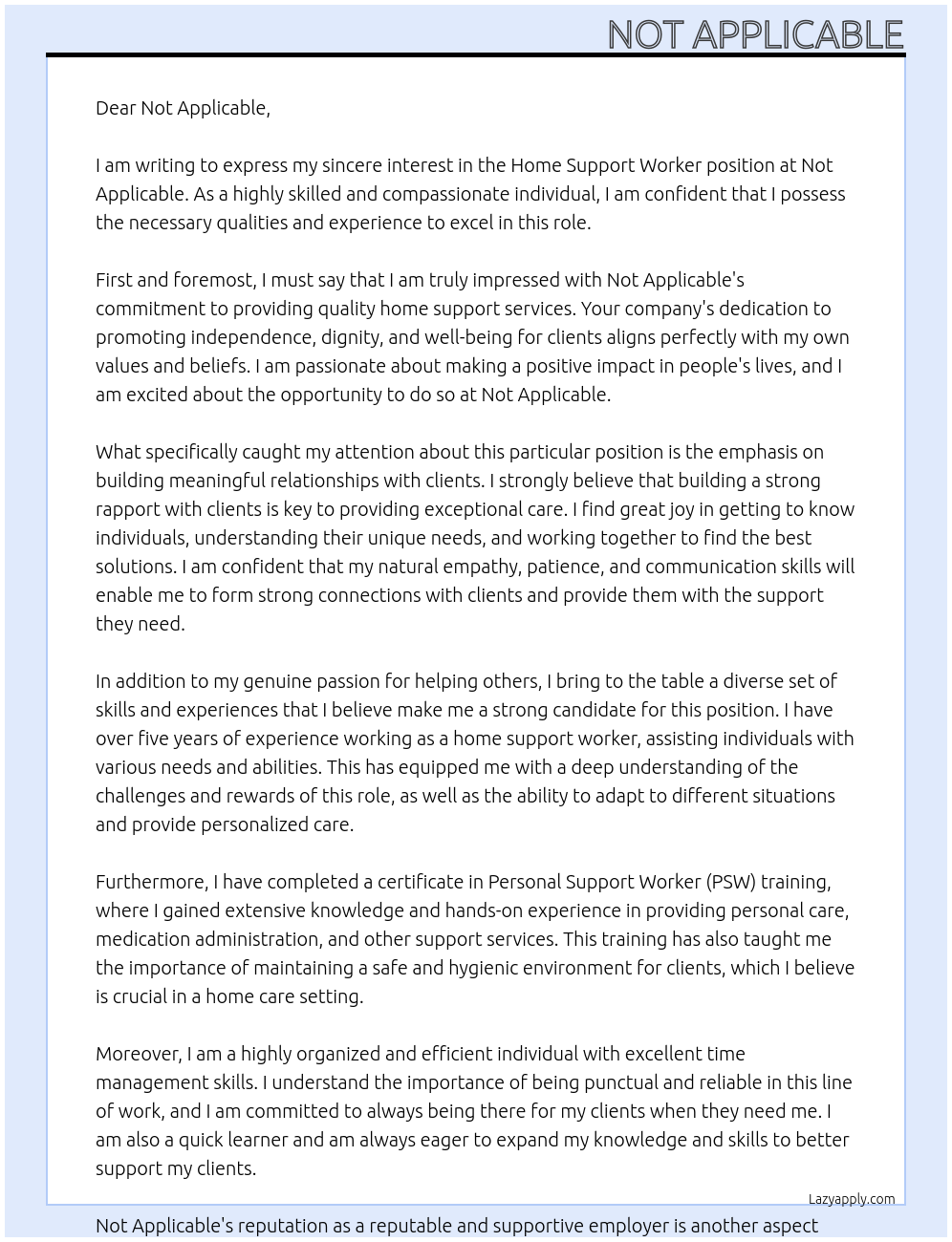 Home support worker At Not Applicable Cover Letter