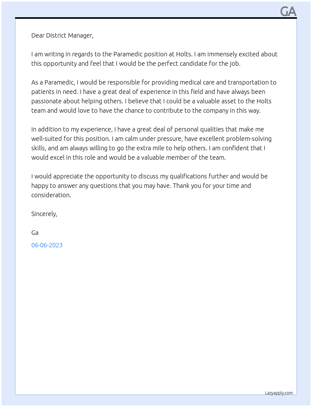 Paramedic At Holts Cover Letter