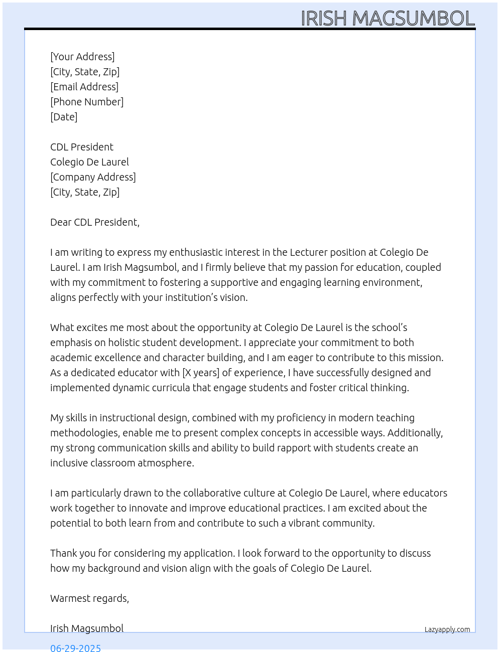 lecturer At Colegio De Laurel Cover Letter
