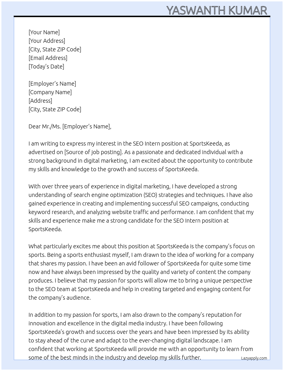 SEO Intern At SportsKeeda Cover Letter
