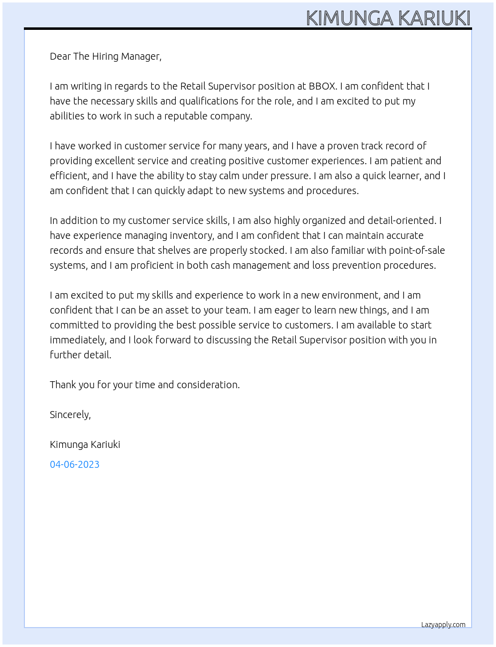 Retail Supervisor At BBOX Cover Letter