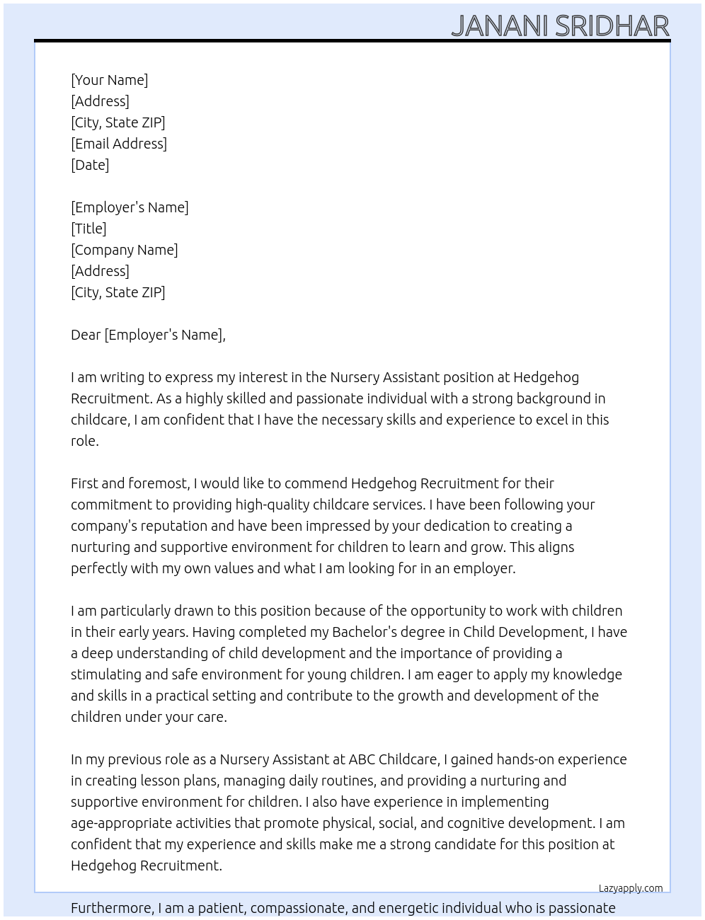 Nursery Assistant At hedgehog recuritment Cover Letter