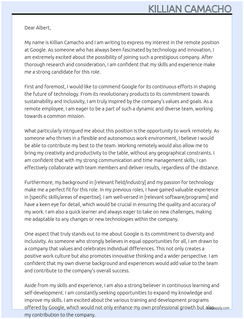 remote At google Cover Letter