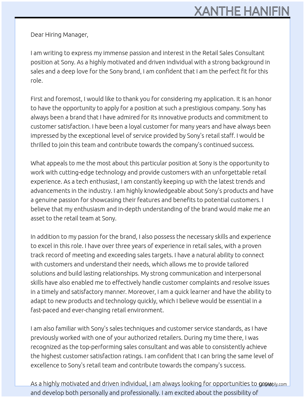 Retail Sales Consultant At Sony Cover Letter