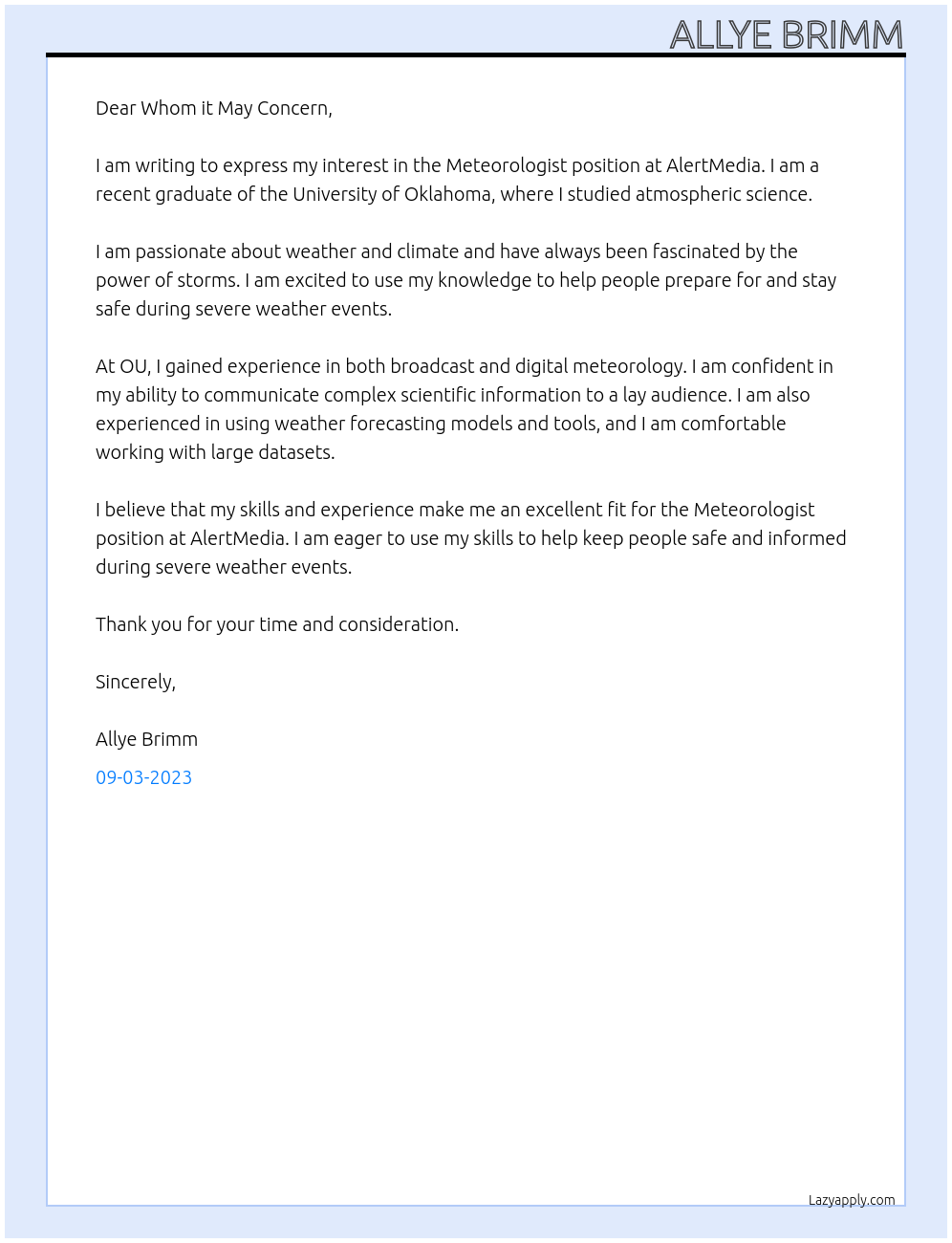 Meteorologist At AlertMedia Cover Letter