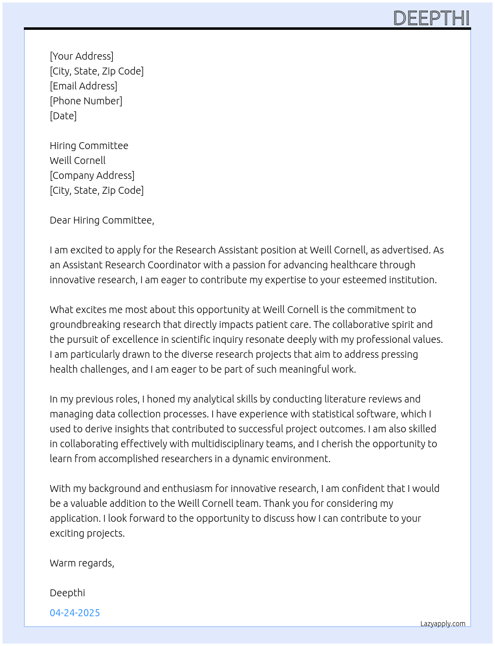 Research assistant At Weill Cornell Cover Letter