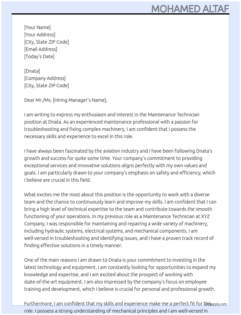 Maintenance technician At Dnata Cover Letter