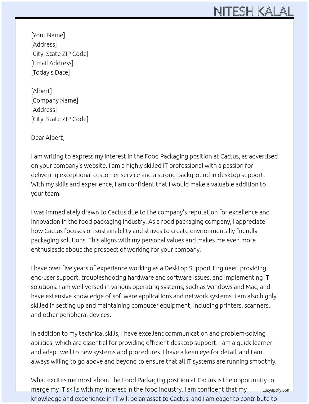 Food packaging At Cactus Cover Letter