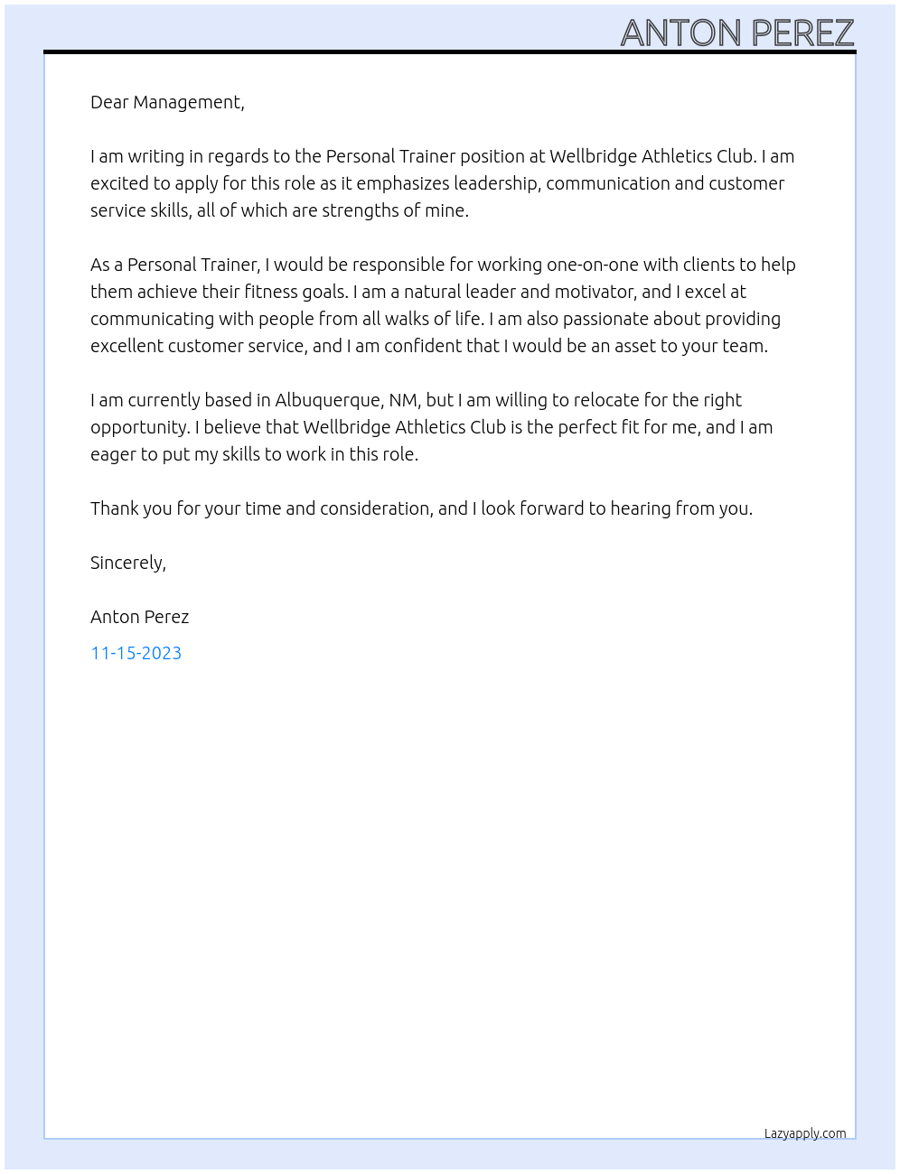 Personal Trainer At Wellbridge Athletics Club Cover Letter
