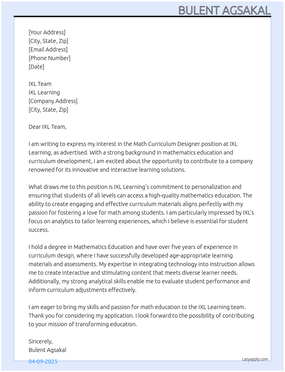 Math Curriculum Desginer At IXL Lerning Cover Letter