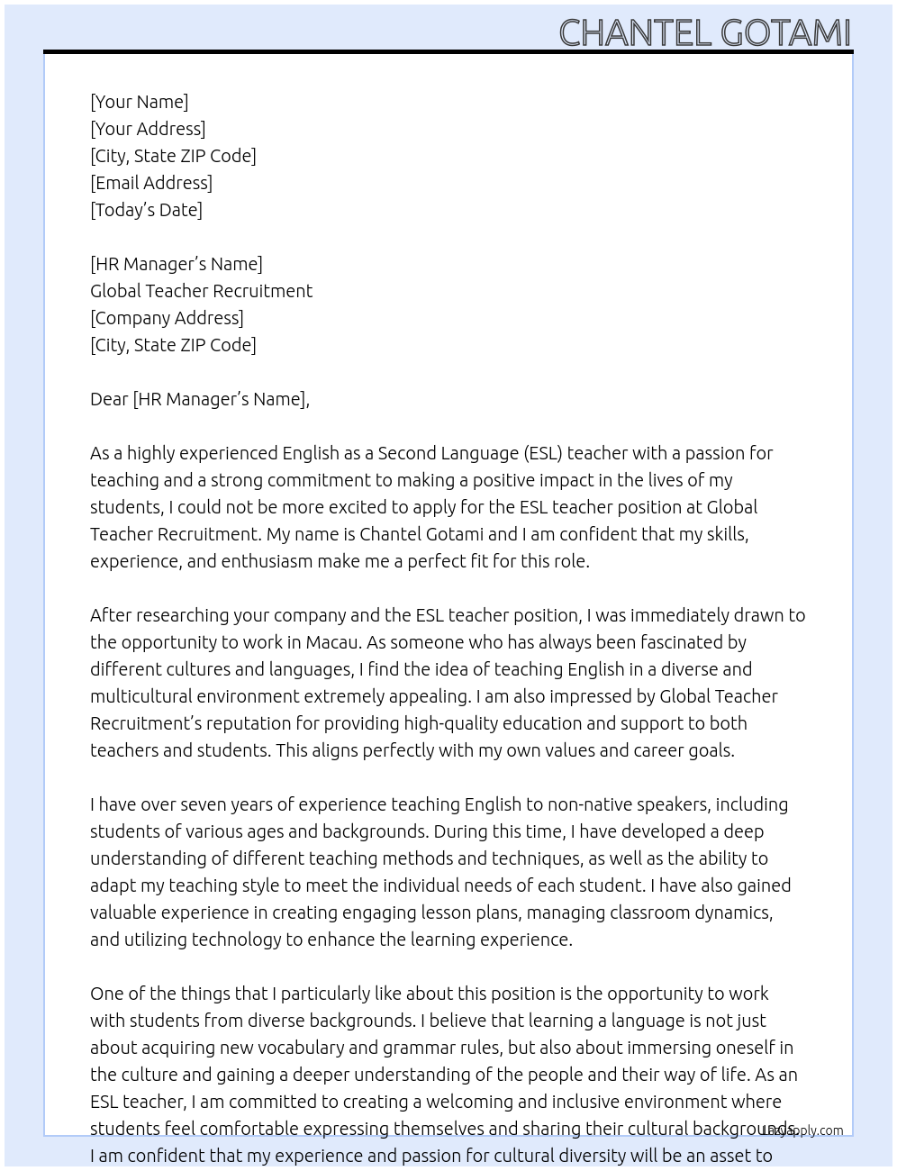 English as a Second Language teacher At Global Teacher Recruitment Cover Letter