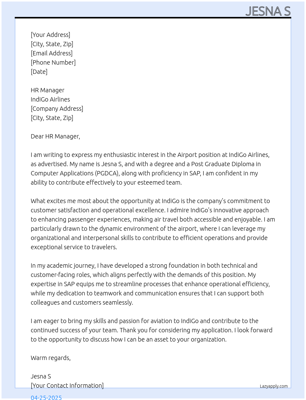 Airport job At Indigo Cover Letter