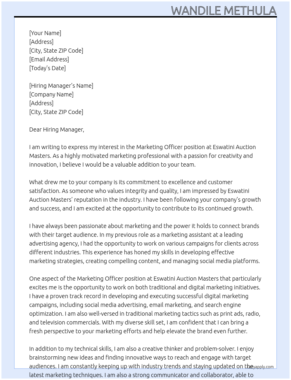 Marketing officer At Eswatini Auction Masters Cover Letter