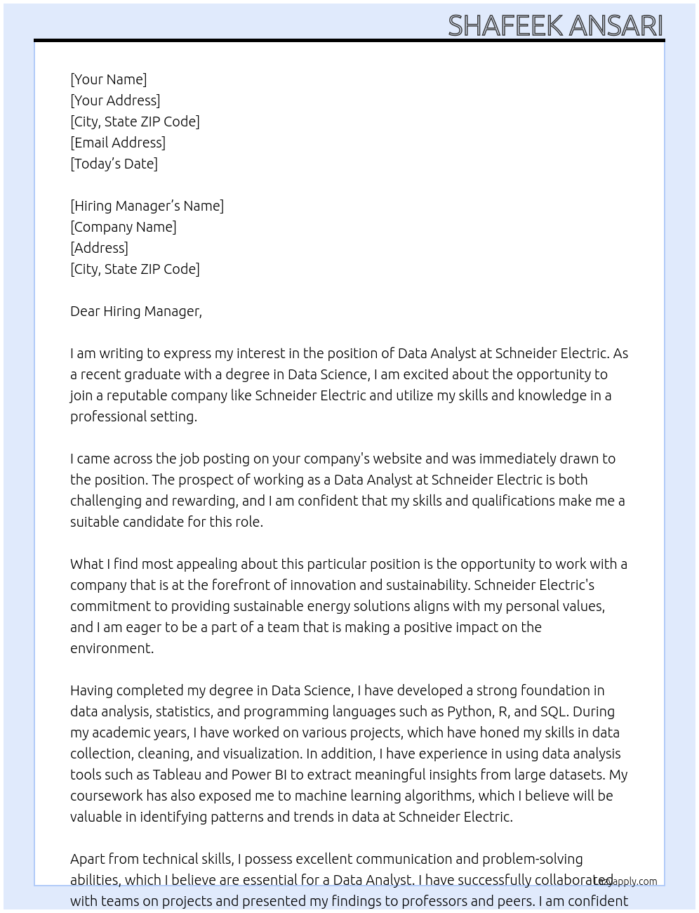 data analyst[fresher] At Schneider Electric Cover Letter