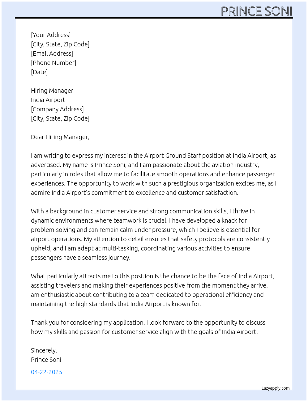 Airport ground staff At India airport Cover Letter